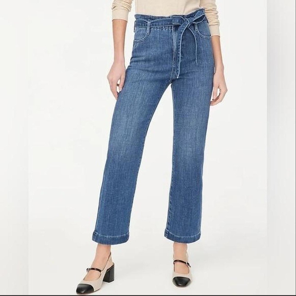 J.Crew Cropped Paper Bag Elastic Tie Waist Jeans Slim Wide Leg Medium Wash 28